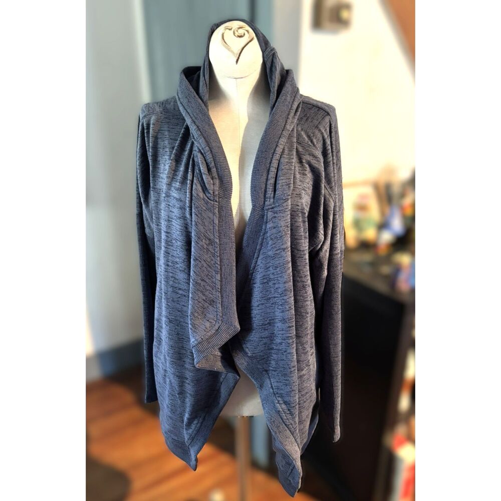 Athleta Blissful Wrap Cardigan Blue‎ Heather Hooded Open Front 721640 Size  L